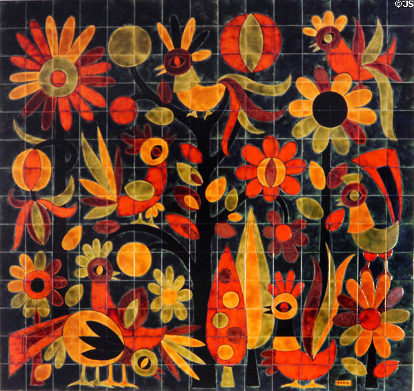 Rooster & chickens among flowers painting on ceramic tile by Dodik Jégou. St Malo, France.