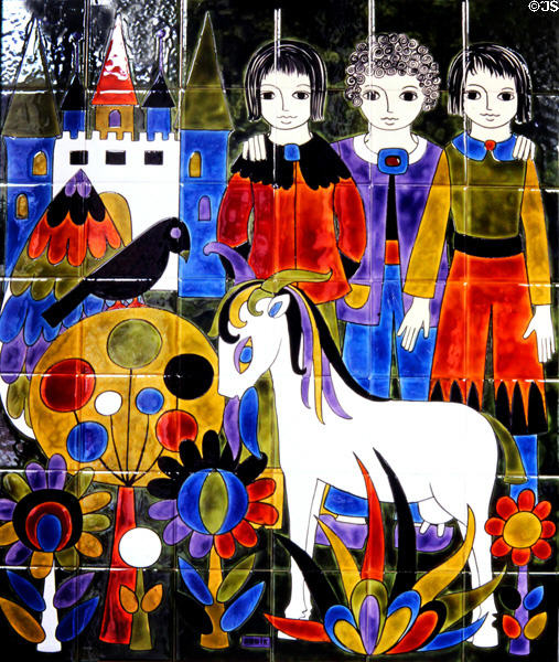 Three young people with horse & crow before castle painting on ceramic tile by Dodik Jégou. St Malo, France.