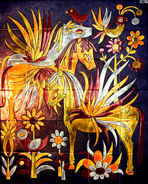 Three horses among flowers painting on ceramic tile by Dodik Jégou. St Malo, France.