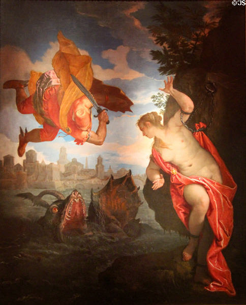 Perseus slays monster to rescue Andromeda painting (c1580) by Veronese at Museum of Fine Arts of Rennes. Rennes, France.