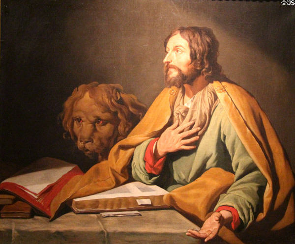 Evangelist St Mark with lion painting (1630s) by Mathias Stomer at Museum of Fine Arts of Rennes. Rennes, France.