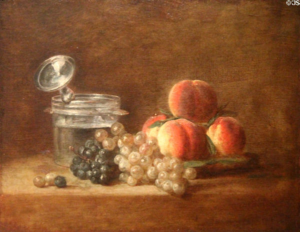 Peaches & grapes painting (1759) by Jean-Baptiste Siméon Chardin at Museum of Fine Arts of Rennes. Rennes, France.