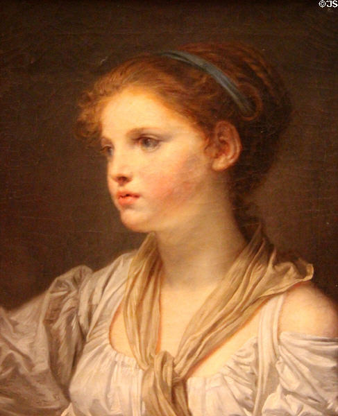 Head of young woman with blue ribbon painting (1777) by Jean-Baptiste Greuze at Museum of Fine Arts of Rennes. Rennes, France.