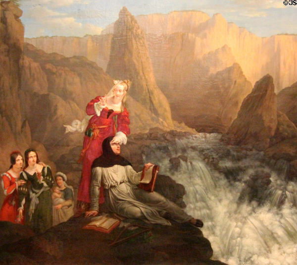 Laura & Petrarch at fountain of Vaucluse painting (1816) by Philippe-Jacques van Brée of Belgium at Museum of Fine Arts of Rennes. Rennes, France.