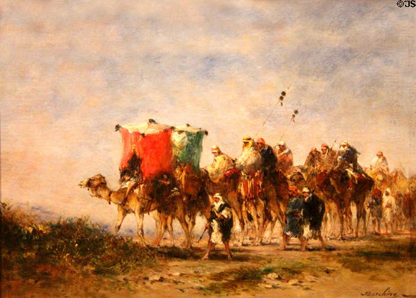 Desert camel caravan painting (1853) by Narcisse Berchère at Museum of Fine Arts of Rennes. Rennes, France.