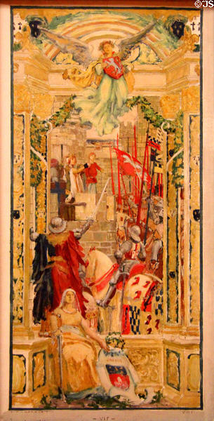 Jeanne de Montfort present her son to lords of Brittany (1342) cartoon for tapestry for hanging in Rennes Palais de justice (1909) by Auguste Gorguet at Museum of Fine Arts of Rennes. Rennes, France.