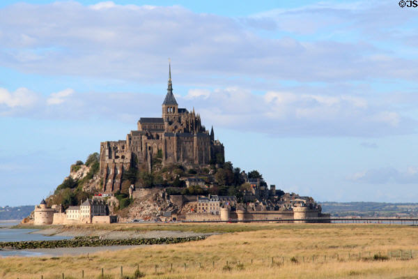 Mont-St-Michel abbey originally founded in 8thC with many subsequent changes & now in Gothic style (16thC). Mont-St-Michel, France.