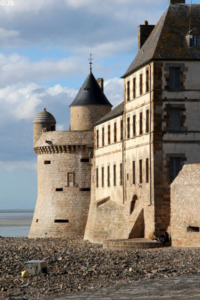 Profile view of bastion & stone building from base. Mont-St-Michel, France.