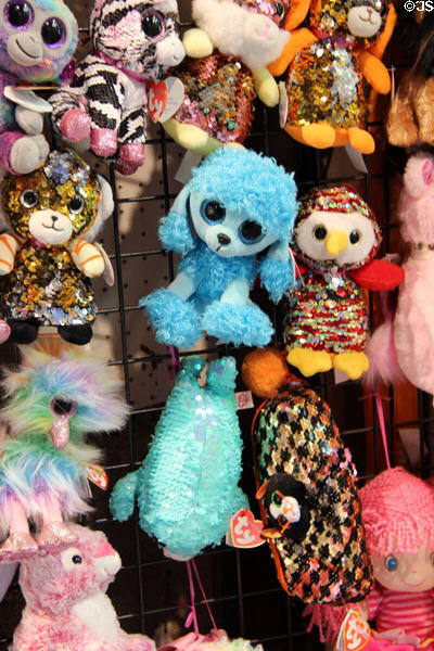 Shop window filled with plush animals along Grande Rue. Mont-St-Michel, France.