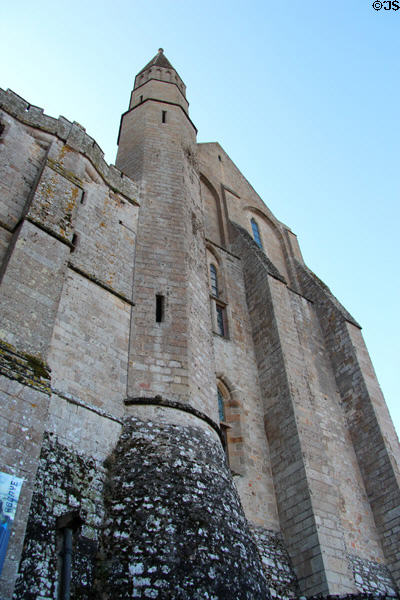 High abbey walls as seen from base. Mont-St-Michel, France.