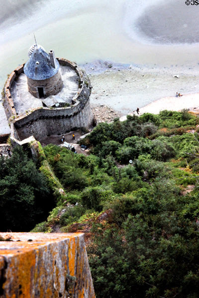 Tidal flats & roof of bastion seen from abbey walls. Mont-St-Michel, France.