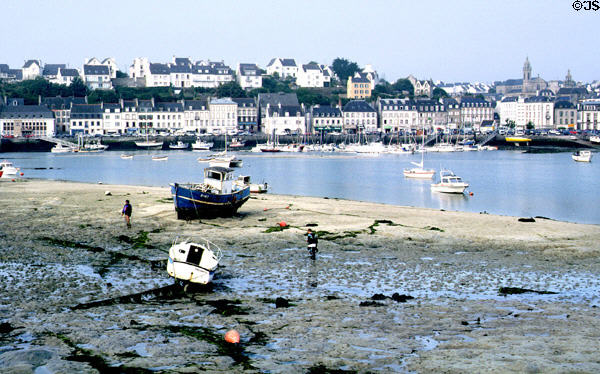 Buildings of lower & upper town overlooking fishing port on estuary. Audierne, France.