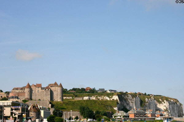 Dieppe Castle (15C) with massive round towers atop cliffs & town. Dieppe, France.