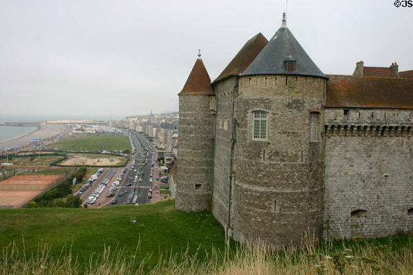 Round towers of Dieppe Castle above town. Dieppe, France.