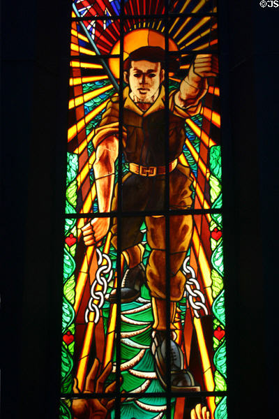 Stained glass window honoring Canadian soldiers who carried out Allied Commando raid in August 1942. Dieppe, France.