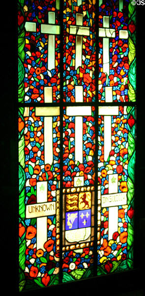 Stained glass window with poppies & crosses honoring soldiers killed in battle. Dieppe, France.