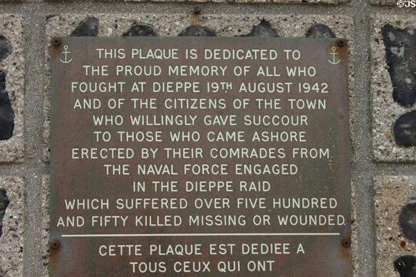 Plaque dedicated to Canadian soldiers & Dieppe citizens who assisted them during 1942 Dieppe raid. Dieppe, France.