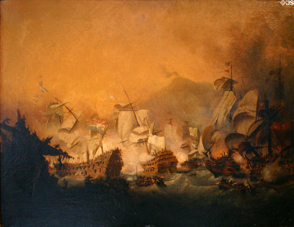 Sea battle painting among ships in full sail at Dieppe Castle Museum. Dieppe, France.