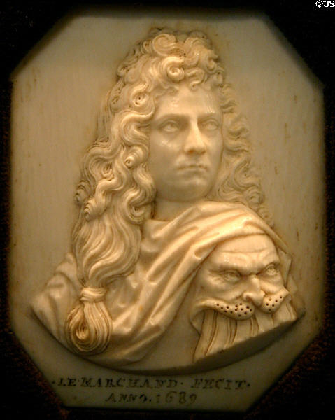 Portrait carving on bone of man with face on shoulder (1689) by Le Marchand at Dieppe Castle Museum. Dieppe, France.
