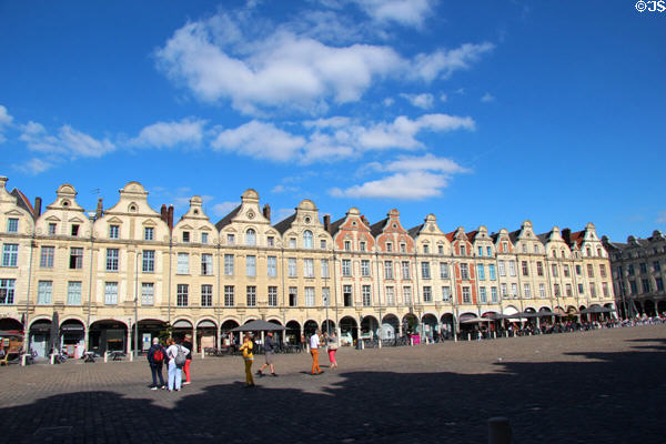 Flemish Baroque facades (17th & 18thC) reconstructed after WWI destruction on Place des Heroes. Arras, France.