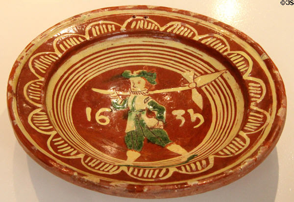 Ceramic plate with halberdier image (1635) made in Arras at Arras Fine Art Museum. Arras, France.
