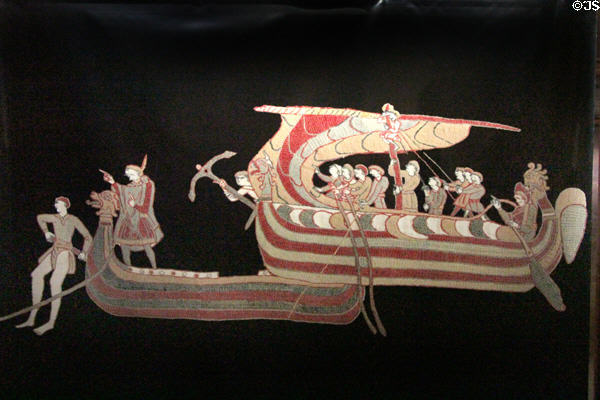 Enlarged scenes of invasion of England at Bayeux Tapestry Museum. Bayeaux, France.