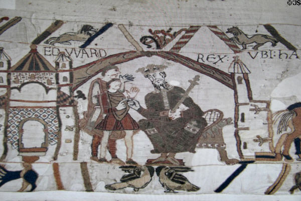 Video images of Bayeux Tapestry scenes at its Museum (where photos not allowed). Bayeaux, France.
