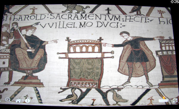 Video images of Bayeux Tapestry scenes at its Museum (where photos not allowed). Bayeaux, France.