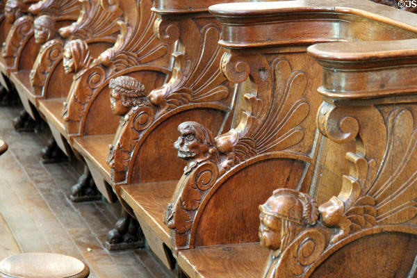 Carvings on choir chairs of abbey church of Saint-Étienne. Caen, France.