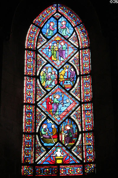 Stained glass window of abbey church of Saint-Étienne. Caen, France.