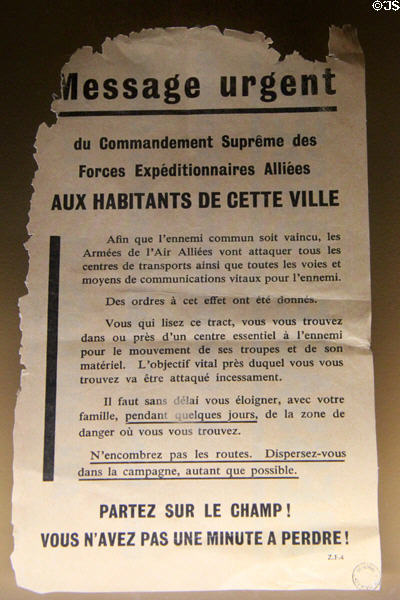 Poster with instructions for Caen residents to depart for the countryside during Normandy invasion at museum in Caen City Hall. Caen, France.