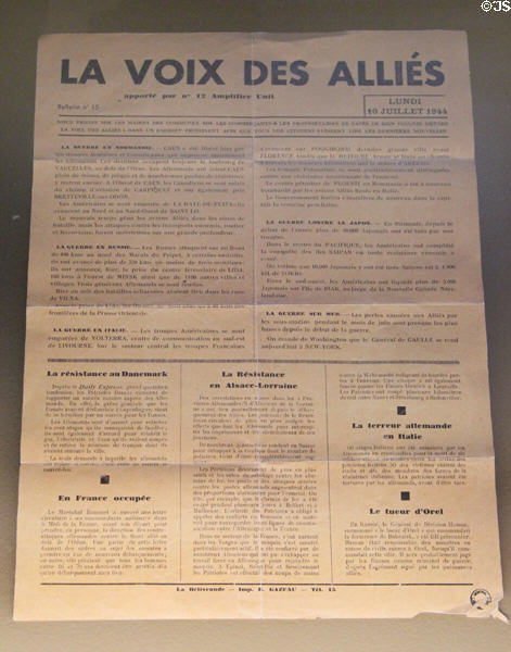 News sheet (July 10, 1944) for Caen residents during Normandy invasion at museum in Caen City Hall. Caen, France.