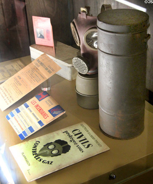 Gas mask & carry case (June, 1944) from Normandy invasion at museum in Caen City Hall. Caen, France.