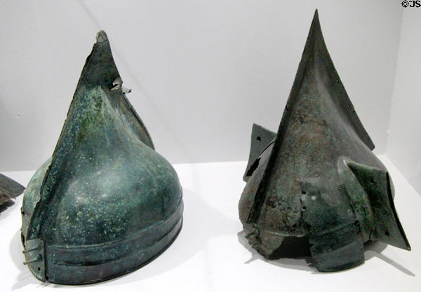 Bronze helmets (c1100-900 BCE) found near Falaise, France at Museum of Normandy. Caen, France.