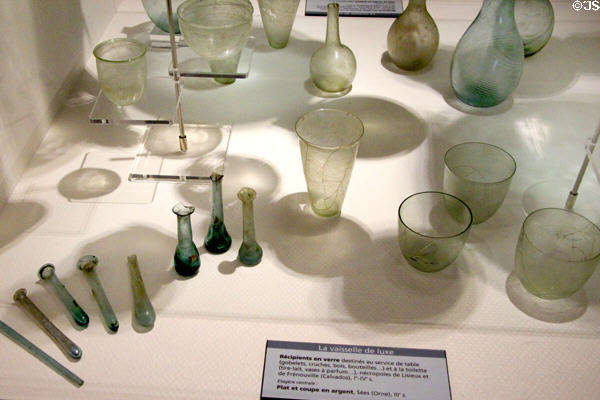 Glassware (1st-4thC) from tombs of Lisieux & Frénouville at Museum of Normandy. Caen, France.