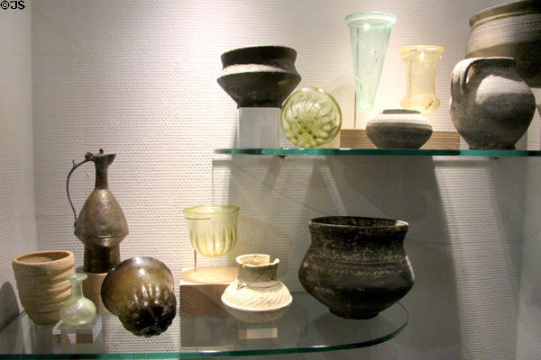 Ceramics & glass found in tombs in Caen area at Museum of Normandy. Caen, France.