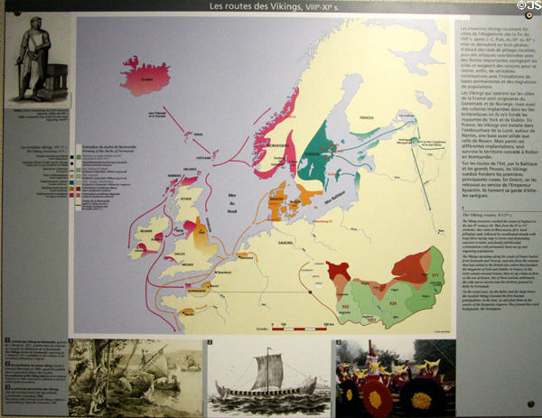 Map of voyage routes of Normands (Vikings) at Museum of Normandy. Caen, France.