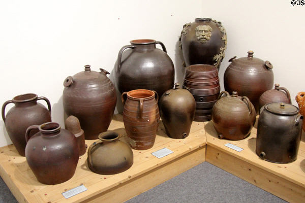 Stoneware vessels (19thC) mostly by Noron-la-Poterie at Museum of Normandy. Caen, France.