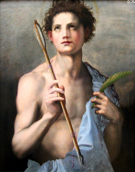 St Sebastian with two arrows & palm painting (15thC) after Andrea del Sarto at Caen Museum of Fine Arts. Caen, France.