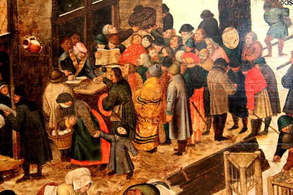 Detail of Census of Bethlehem painting (17thC) by Pieter Brueghel the Younger at Caen Museum of Fine Arts. Caen, France.
