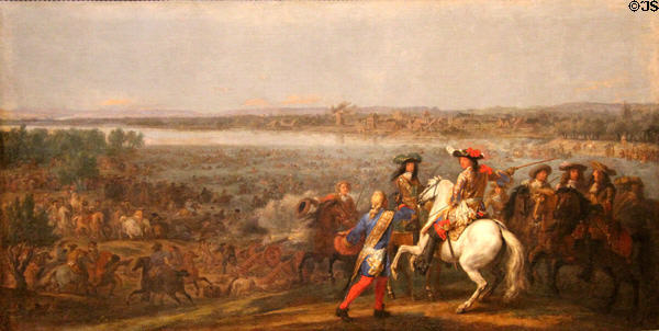 Louis XIV crosses the Rhein with his troops in 1672 painting (17thC) by Adam Frans Van der Meulen at Caen Museum of Fine Arts. Caen, France.