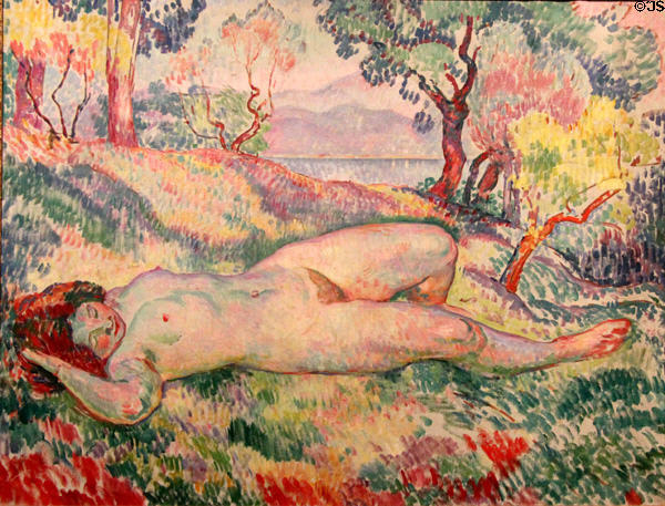 Nude reclining in countryside painting (1911-12) by Henri Lebasque at Caen Museum of Fine Arts. Caen, France.