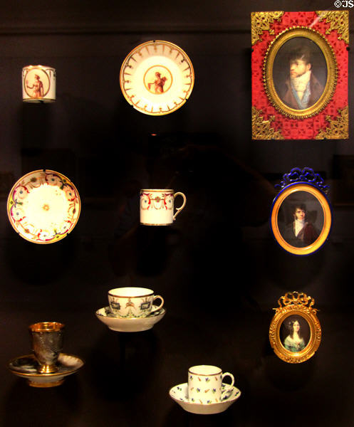 Miniature portraits & teacups (1797-1814) by Caen Porcelain Manuf. at Caen Museum of Fine Arts. Caen, France.