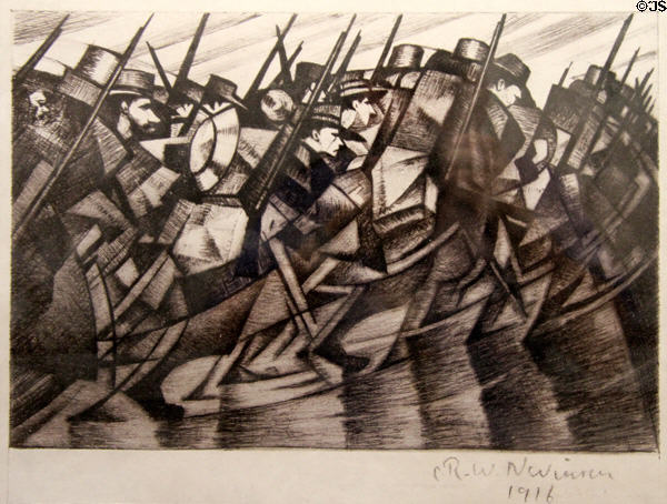 Return to the Trenches engraving (1916) by Christopher R.W. Nevinson at Caen Memorial. Caen, France.