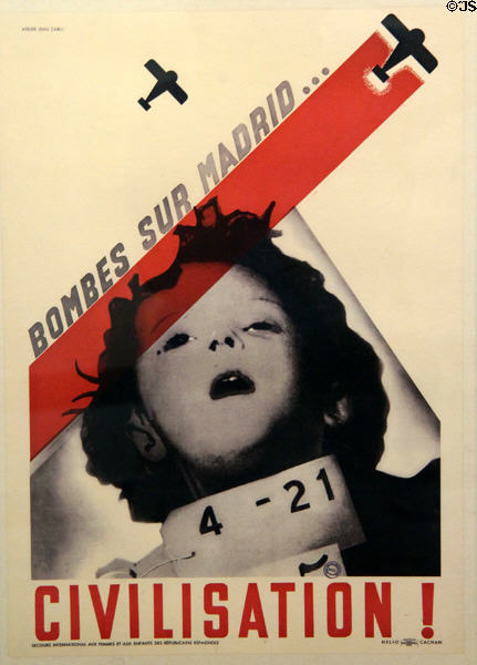 Spanish Civil War poster (1936-9) to raise funds for bombed women & children of Madrid at Caen Memorial. Caen, France.