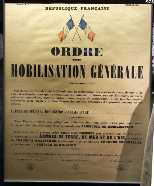 French General Mobilization Order poster (Sept. 2, 1939) at Caen Memorial. Caen, France.