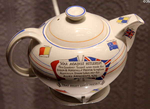 War against Hitlerism ceramic teapot (1939) made to exchange for aluminum teapots needed for war effort at Caen Memorial. Caen, France.