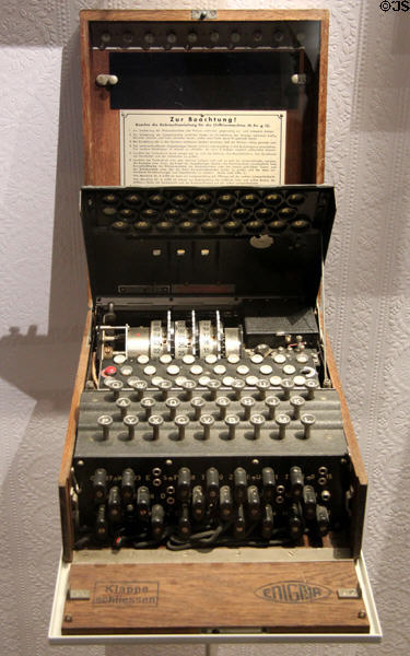 Enigma machine used by German Wehrmacht (1926) at Caen Memorial. Caen, France.
