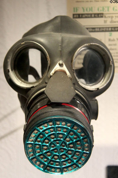 British civilian gas mask (1939-44) at Caen Memorial. Caen, France.