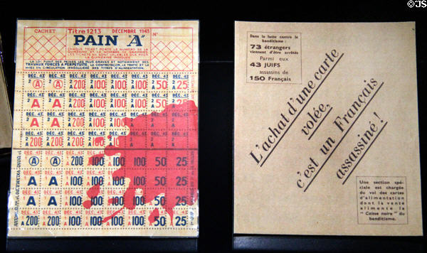 Bread ration book & leaflet warning against black market activity (1943) at Caen Memorial. Caen, France.